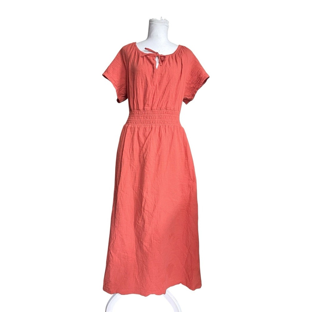 Pact Coastal Double Gauze Boho Coral Midi Dress Sz XL Organic Cotton Beachy - Picture 8 of 16